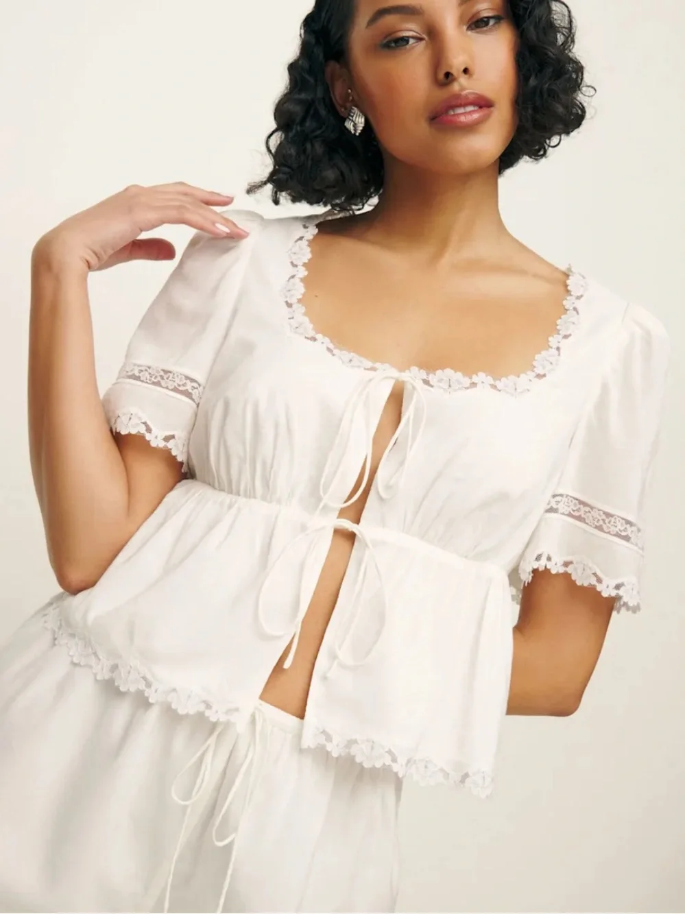 Reformation White Lace-Trim Tie-Front Peplum Top